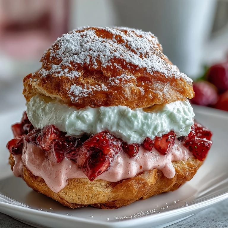 Elegant cream puffs topped with a light dusting of sugar, showcasing the vibrant strawberry cream center for a festive Valentine's treat.