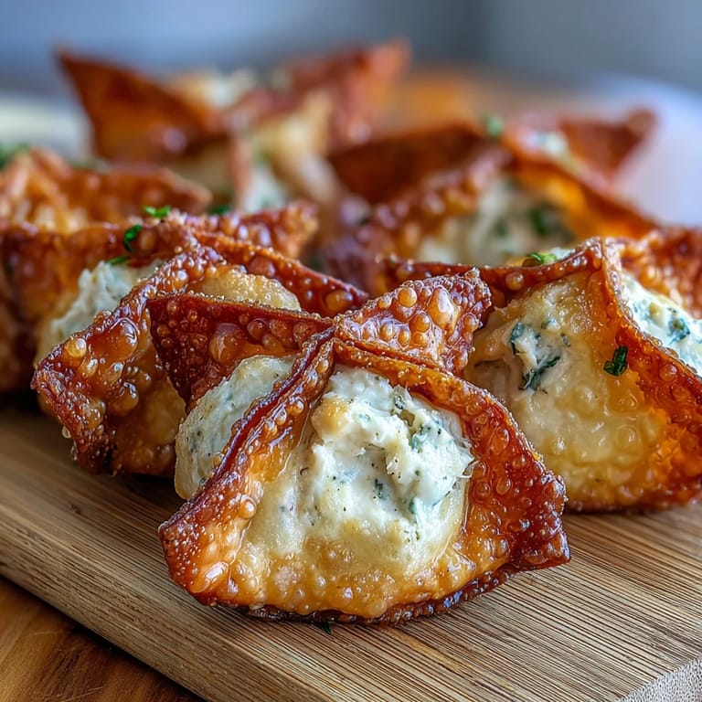 Delicious appetizer of air-fried wontons filled with rich cream cheese and tender crab meat, served hot and crisp.  
