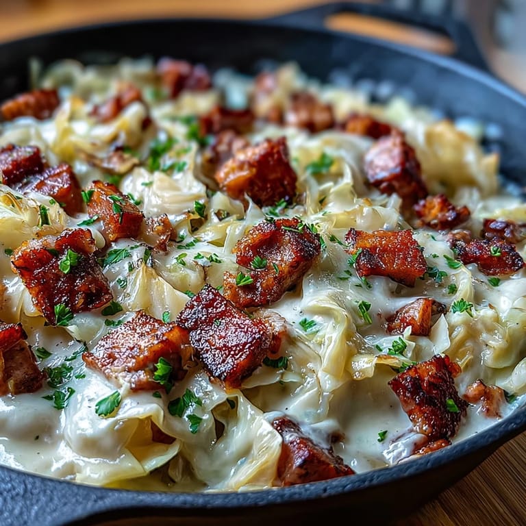 A comforting one-pan meal featuring sautéed cabbage, diced ham, and a velvety cream sauce, topped with melted cheddar.