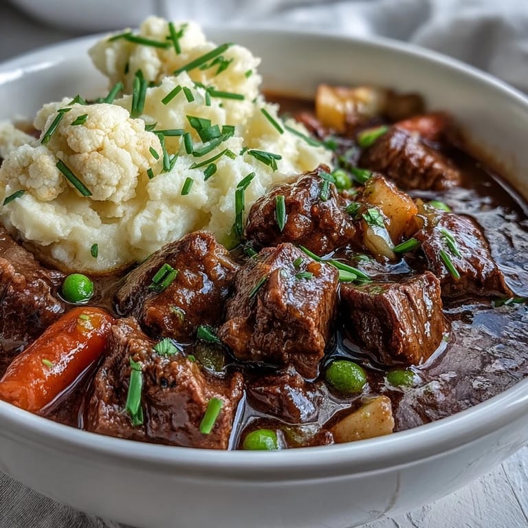 A cozy, gluten-free Irish stew featuring savory beef, carrots, and peas, topped with a velvety low-carb cauliflower puree in a rustic bowl.  