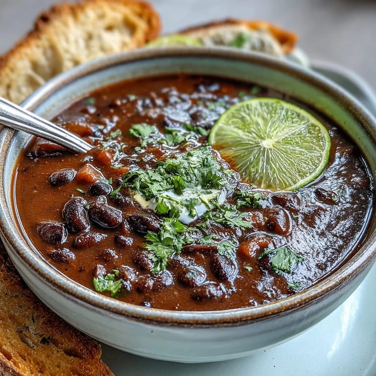 Hearty vegetarian soup with tender sweet potatoes, black beans, and smoky spices, served with a bright lime crema drizzle.  