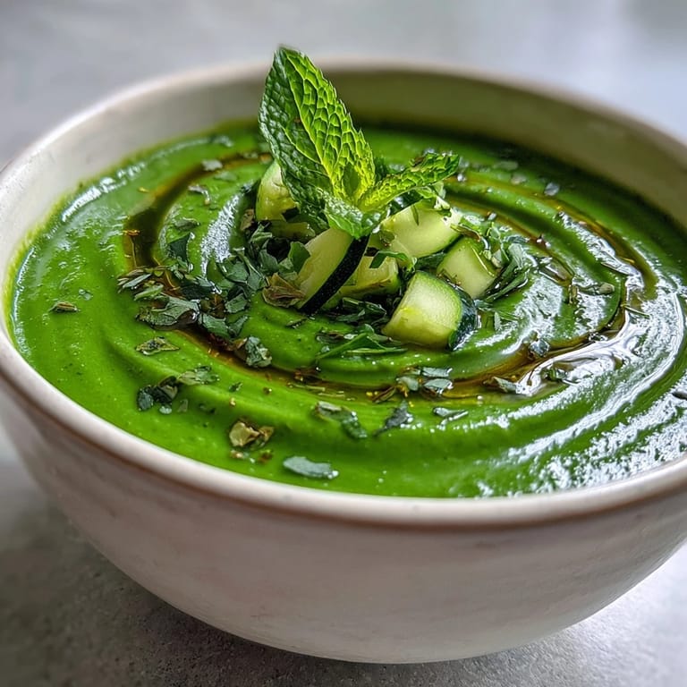 Creamy green detox vegetable soup with zucchini, peas, and broccoli, served steaming hot with a drizzle of olive oil.