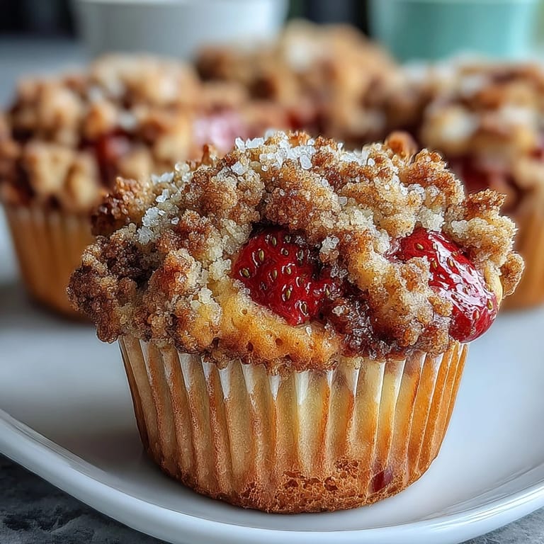Fluffy strawberry muffins crowned with a crunchy crumble and zesty lemon flavor, ready to enjoy.