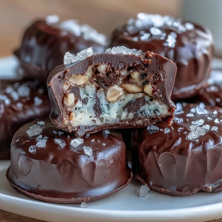 High-protein cottage cheese freezer bites with peanut butter filling, enrobed in dark chocolate and sprinkled with roasted peanuts for a satisfying snack.