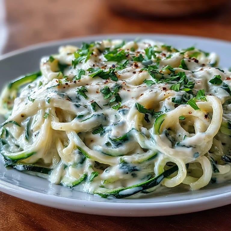 Healthy, low-carb zucchini noodles tossed in a rich, protein-packed cottage cheese Alfredo sauce for a light meal.  