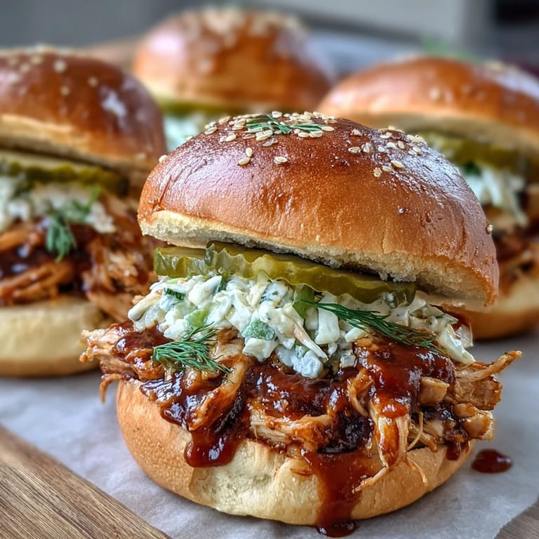 Tender shredded chicken simmered in smoky barbecue sauce, served on slider buns with optional coleslaw and pickles.
