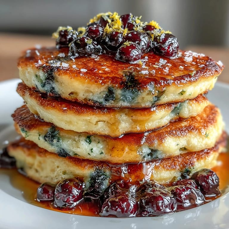 Golden sourdough pancakes bursting with lemon zest and juicy blueberries, served warm on a rustic plate.