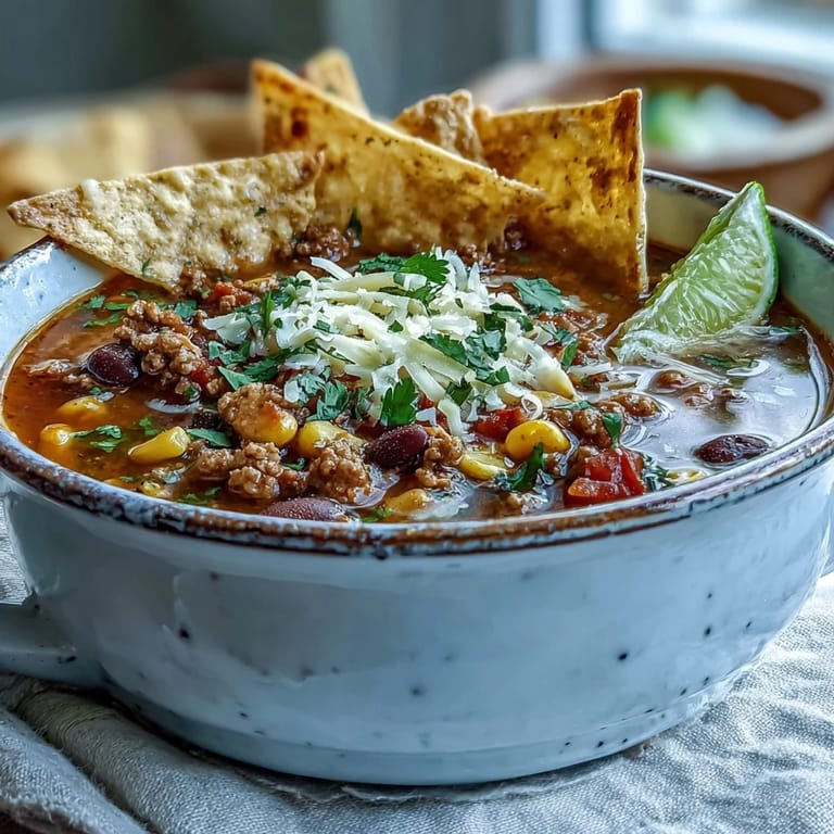 Cozy Taco Soup loaded with seasoned meat, black beans, and diced tomatoes, garnished with sour cream and jalapeño slices.