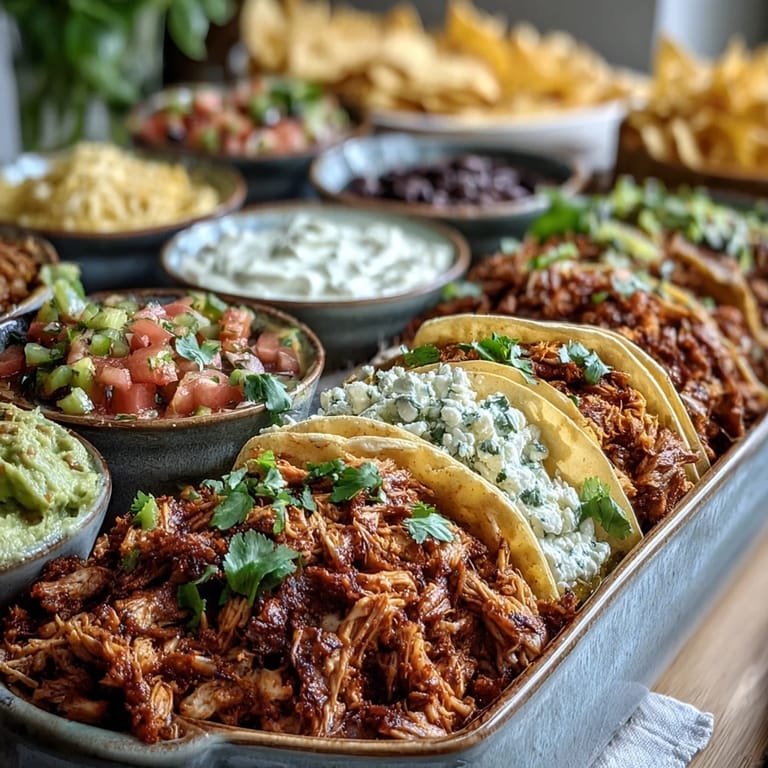 Festive taco bar spread featuring seasoned meats, beans, and vibrant toppings for Cinco de Mayo celebration.  