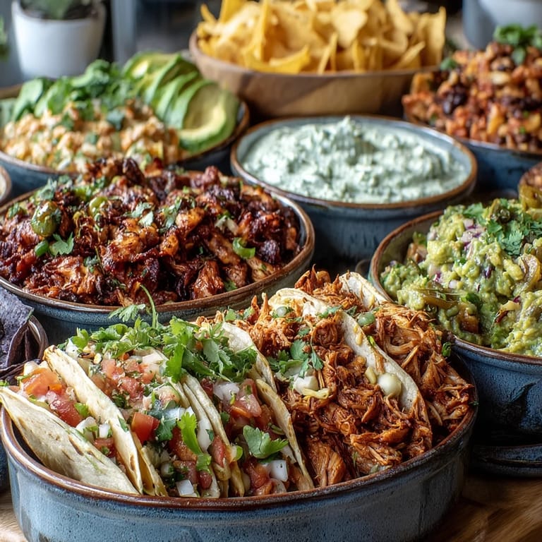 Interactive Cinco de Mayo taco bar with sizzling proteins, fresh vegetables, and warm tortillas for building tacos.