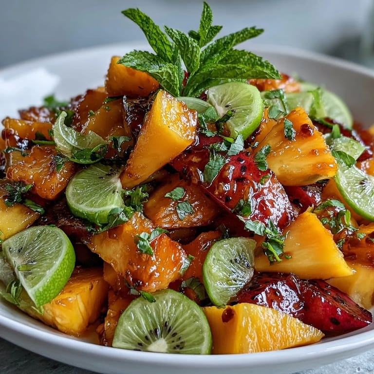 Colorful arrangement of sliced mangoes, pineapples, and exotic fruits, ideal for a festive appetizer or healthy dessert.