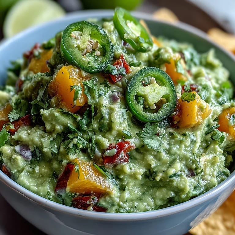 Creamy avocado dip featuring sweet mango chunks and spicy jalapeño, served with crispy tortilla chips.