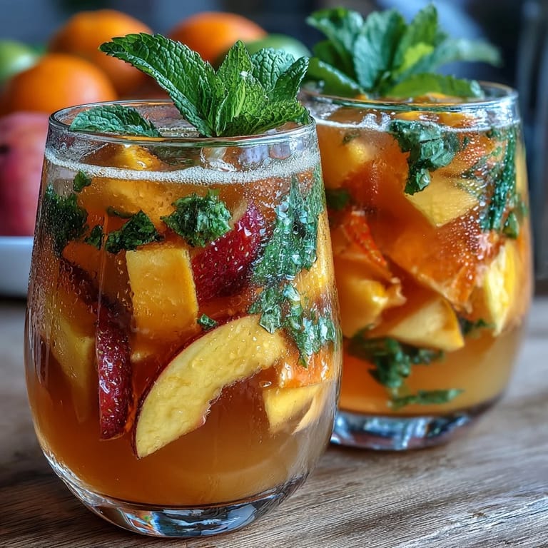 2. Refreshing alcohol-free sangria featuring colorful mango and peach slices, citrus wheels, and sparkling water, served over ice.