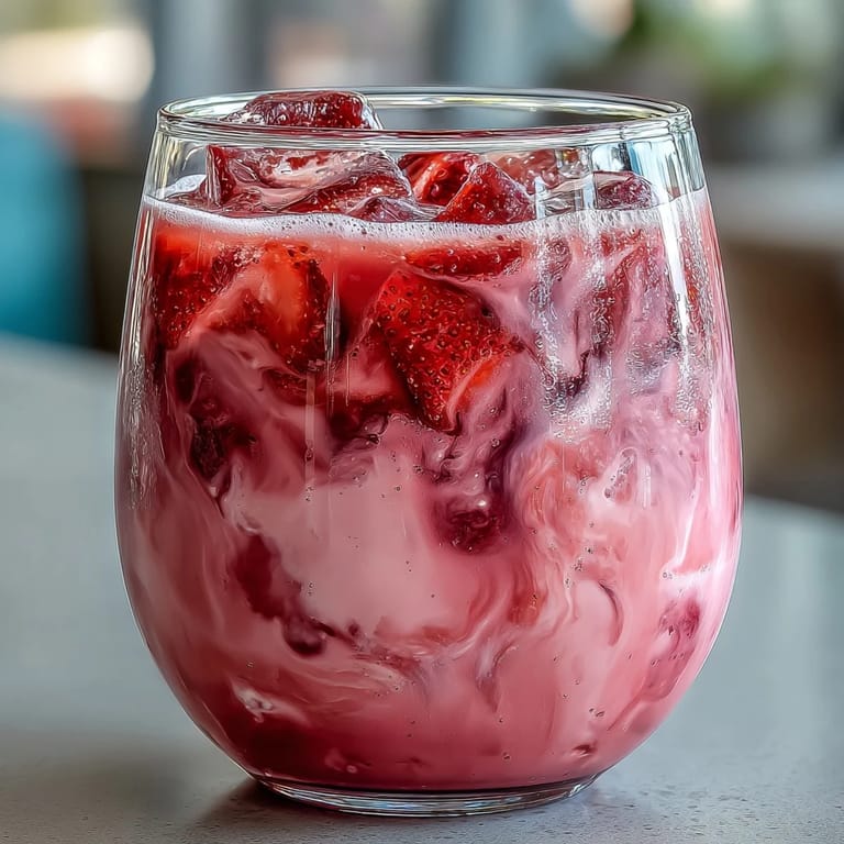 Refreshing Pink Starburst Refresher served in a tall glass with ice and juicy strawberry pieces floating on top.