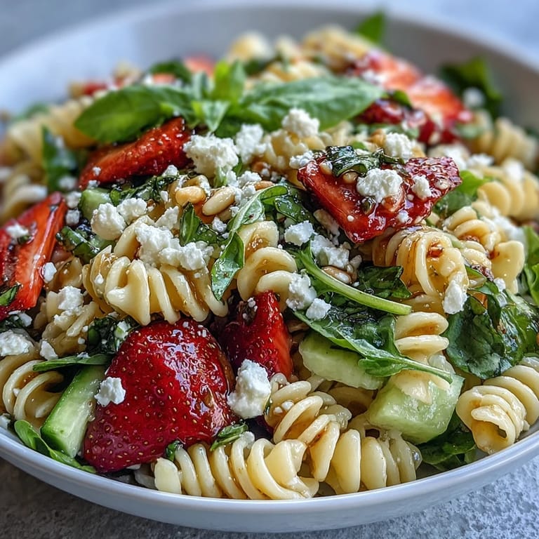 Colorful spring pasta salad featuring sweet strawberries, tangy feta, and peppery arugula, dressed with balsamic and olive oil.  