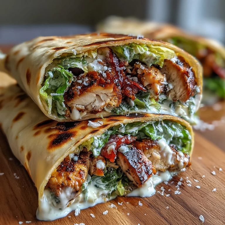 Grilled Garlic Naan Chicken Caesar Wrap cut in half to show juicy chicken and fresh lettuce.