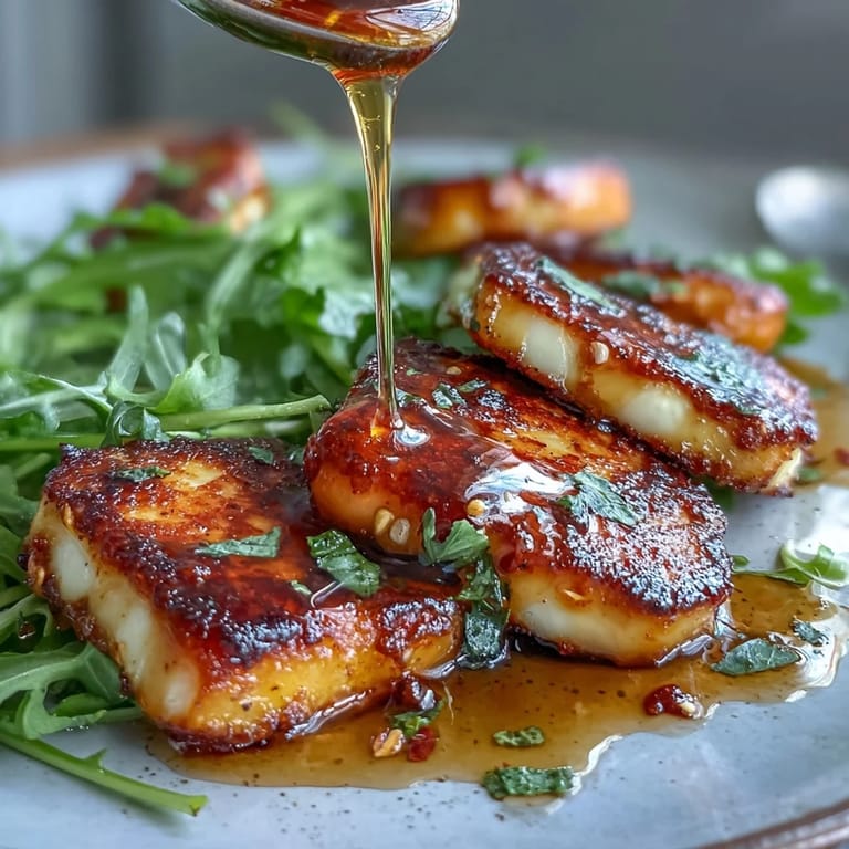 Warm, salty halloumi topped with chili-infused honey, paired with peppery arugula for a Mediterranean-inspired dish.