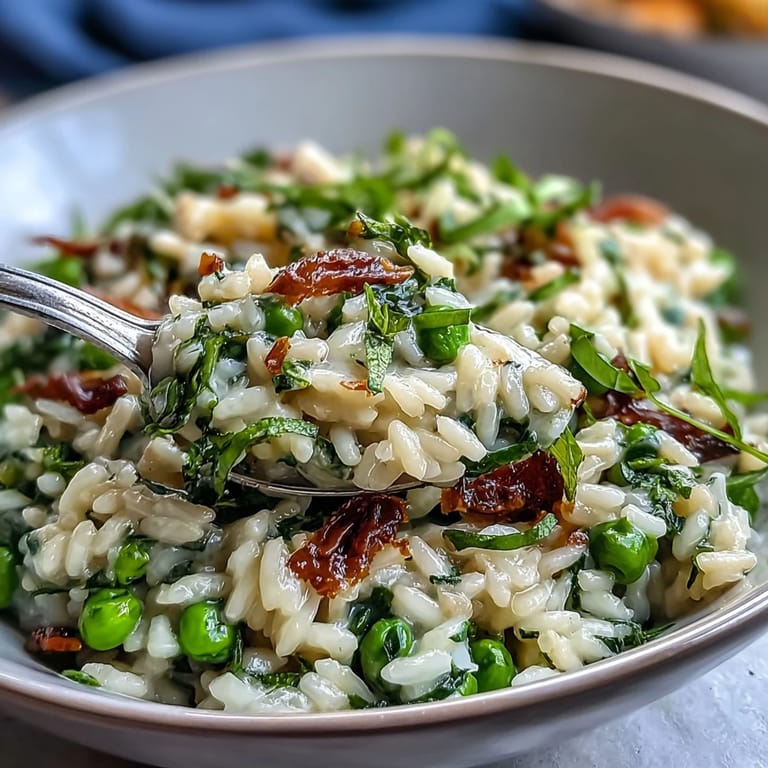 Vibrant Spring Pea Risotto with bright green peas, aged Parmesan, and fresh mint.