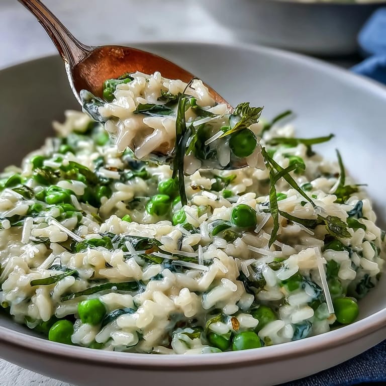 Spring Pea Risotto with tender Arborio rice, garden peas, and aromatic mint.