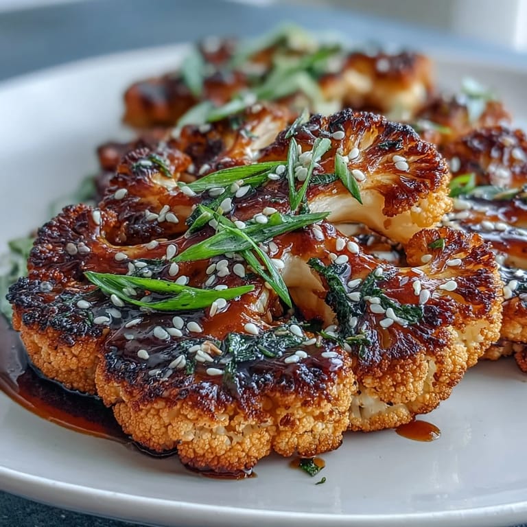 Sweet and savory teriyaki-glazed cauliflower steaks, tender inside with caramelized edges, served on a white platter.