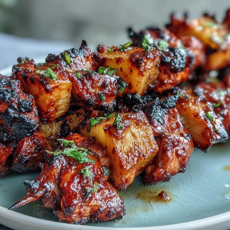 Smoky achiote chicken al pastor skewers paired with sweet grilled pineapple chunks.