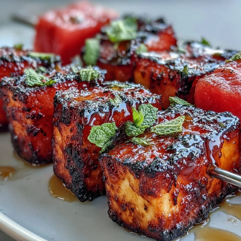 Golden halloumi skewers alongside sweet watermelon and bright mint leaves, grilled.