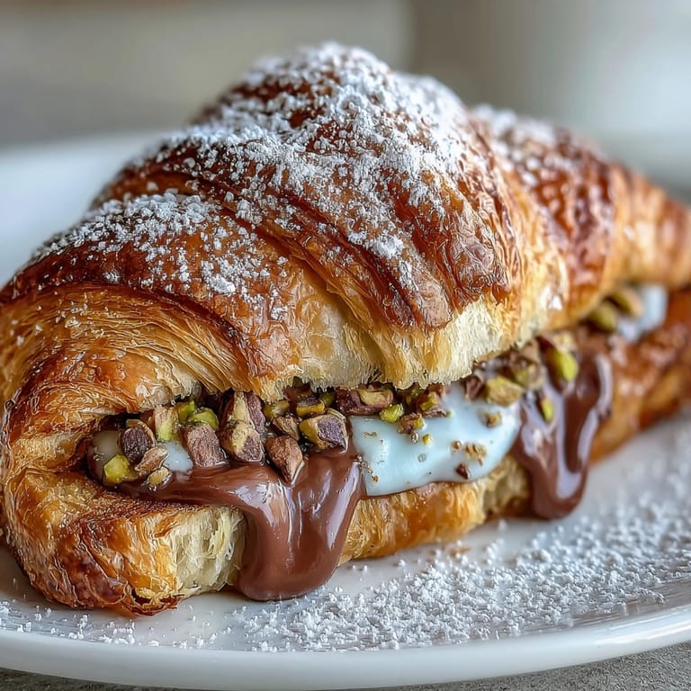 Crispy, custardy Dubai Chocolate Pistachio Croissant French Toast topped with vibrant green pistachios.