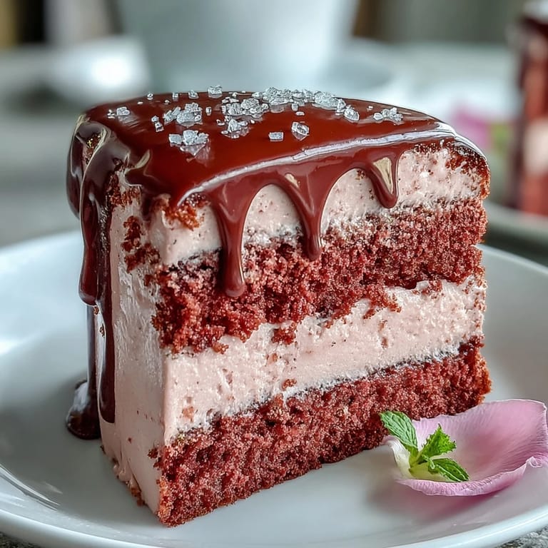 Romantic pink velvet cake with rosé undertones, rich cream cheese frosting, and elegant gold drip decoration.