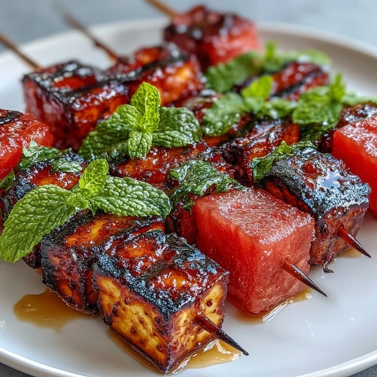 Summery halloumi skewers with watermelon and mint, perfect grilled appetizer.