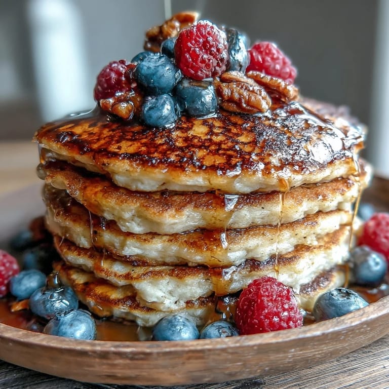 Fluffy High Fiber Protein Pancakes loaded with berries, ready for breakfast.