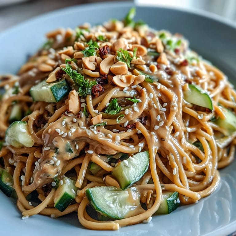 Savory cold peanut sesame noodles, a quick, satisfying vegetarian meal with fresh toppings.