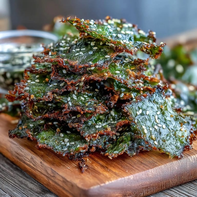 Golden-brown seaweed snack chips, a healthy vegan snack, sprinkled with sesame.