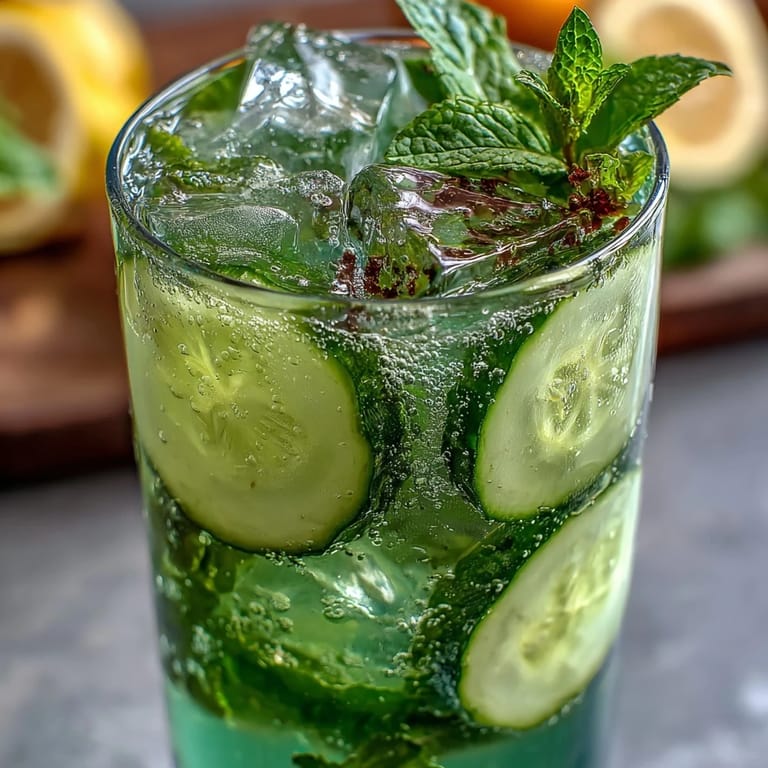 Refreshing Sparkling Cucumber Mint Lemonade Mocktail glistening with condensation, ready to serve.