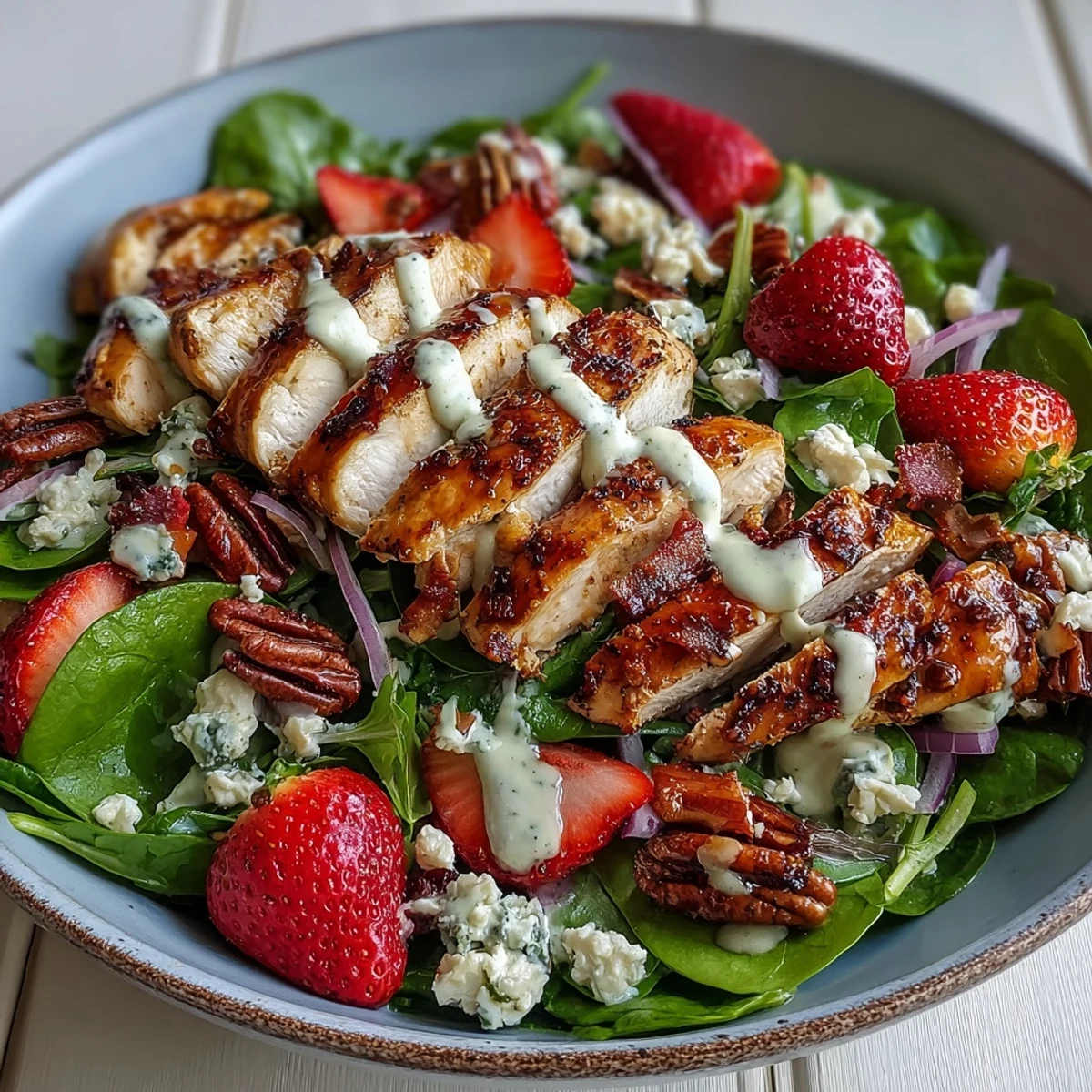 Grilled Chicken and Strawberry Spinach Salad with Poppy Seed Dressing served on a white plate, featuring juicy sliced chicken, bright red strawberries, and fresh spinach leaves.