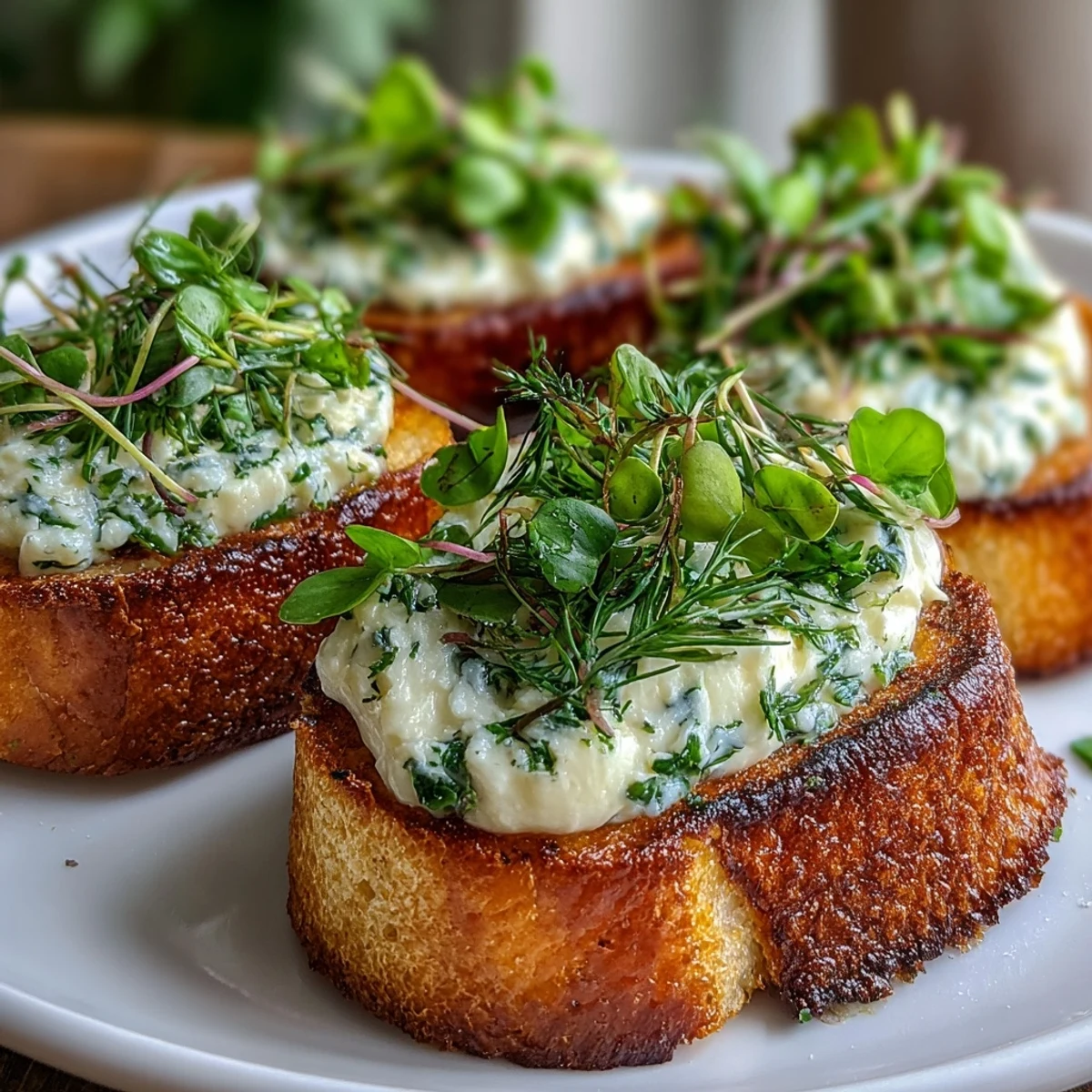 A platter of golden crostini topped with creamy herb cheese and fresh greens, ideal for elegant gatherings.  