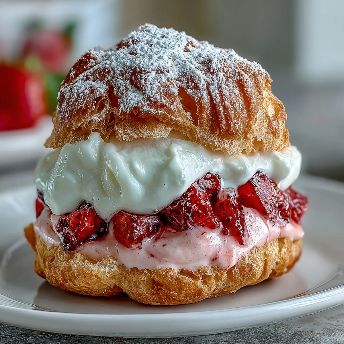 A platter of Valentine strawberry cream puffs dusted with powdered sugar, filled with fresh strawberry whipped cream and garnished with sliced berries.  