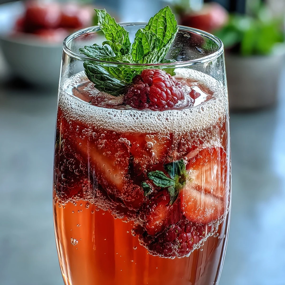 A vibrant strawberry bellini bar with fresh fruit, mint, and chilled Prosecco for a festive Galentine's brunch.