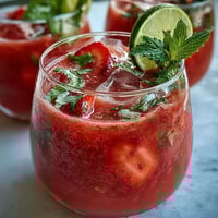 Vibrant strawberry watermelon daiquiri mocktail with fresh mint, lime, and ice, served in chilled glasses for a refreshing summer drink.  