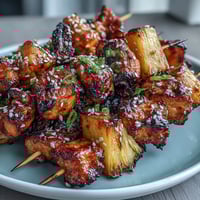 Juicy air fryer chicken and pineapple bites glazed with savory-sweet marinade, golden and caramelized to perfection.  