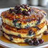 Fluffy lemon blueberry sourdough pancakes topped with fresh blueberries and a drizzle of maple syrup.