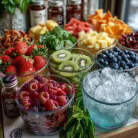 A colorful summer party lemonade bar with fresh fruit, assorted syrups, and chilled lemonade for customizable drinks.