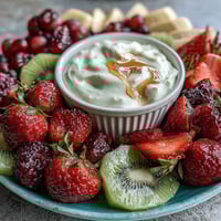 A colorful baby shower fruit platter with strawberries, grapes, and melon arranged in a blooming flower pattern with creamy yogurt dip.