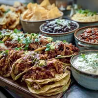 Cinco de Mayo Taco Bar Spread with colorful toppings and fresh tortillas ready for guests.  