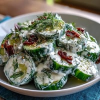 Creamy Cucumber Salad with Dill and Greek Yogurt in a white bowl, garnished with fresh dill sprigs.