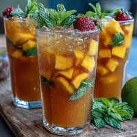 1. Vibrant Mango Peach Sangria with citrus slices, juicy mango, and ripe peaches in a glass pitcher, perfect for summer gatherings.