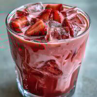 A vibrant pink drink with swirls of strawberry acai and coconut milk, garnished with fresh strawberry slices.