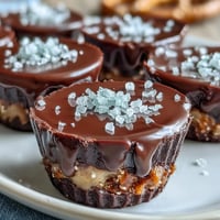 Chocolate peanut butter pretzel cups with a crunchy pretzel crust and creamy filling, topped with a glossy chocolate layer and colorful sprinkles.