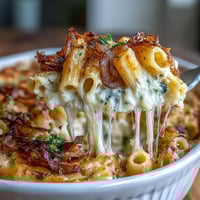 French Onion Pasta Bake with golden melted Gruyère cheese and caramelized onions baked to perfection.