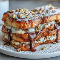 Golden Dubai Chocolate Pistachio Croissant French Toast oozing with melted chocolate and nuts.