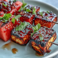 Grilled halloumi skewers bursting with juicy watermelon and fresh mint.